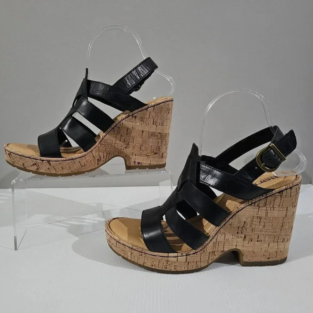 Born Bernese Cage Cork Wedge Sandal Womens 10 Black Leather Summer Platform - Picture 2 of 13